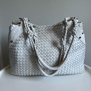 Adrienne Vittadini White Woven Leather Large Handmade Shoulder Bag Tote Hobo